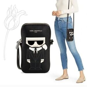 Karl Lagerfeld Black Leather Mini Tote Crossbody with Character Applique